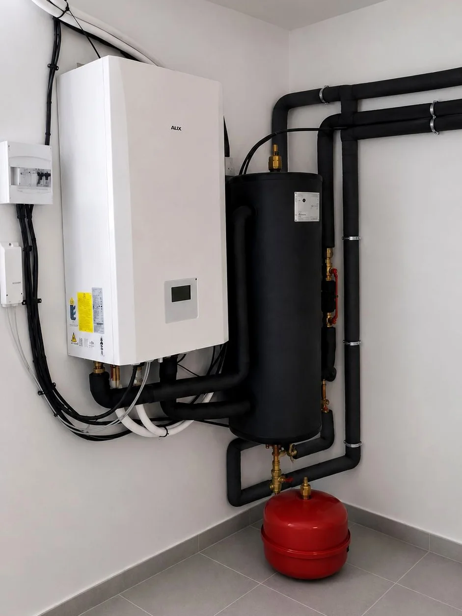 Pompe à chaleur air/eau : Module intérieur et ballon tampon.