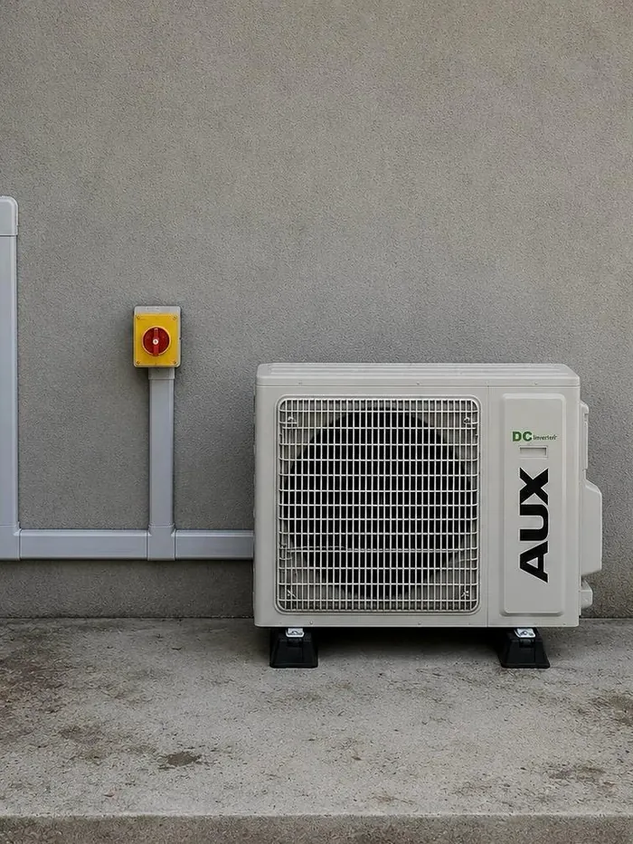 Pompe à chaleur air/eau : Unité extérieure et liaisons sous goulotte.